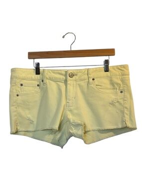 AMERICAN EAGLE Pale Yellow Stretch Distressed Denim Cutoff Jeans Shorts - Sz 14